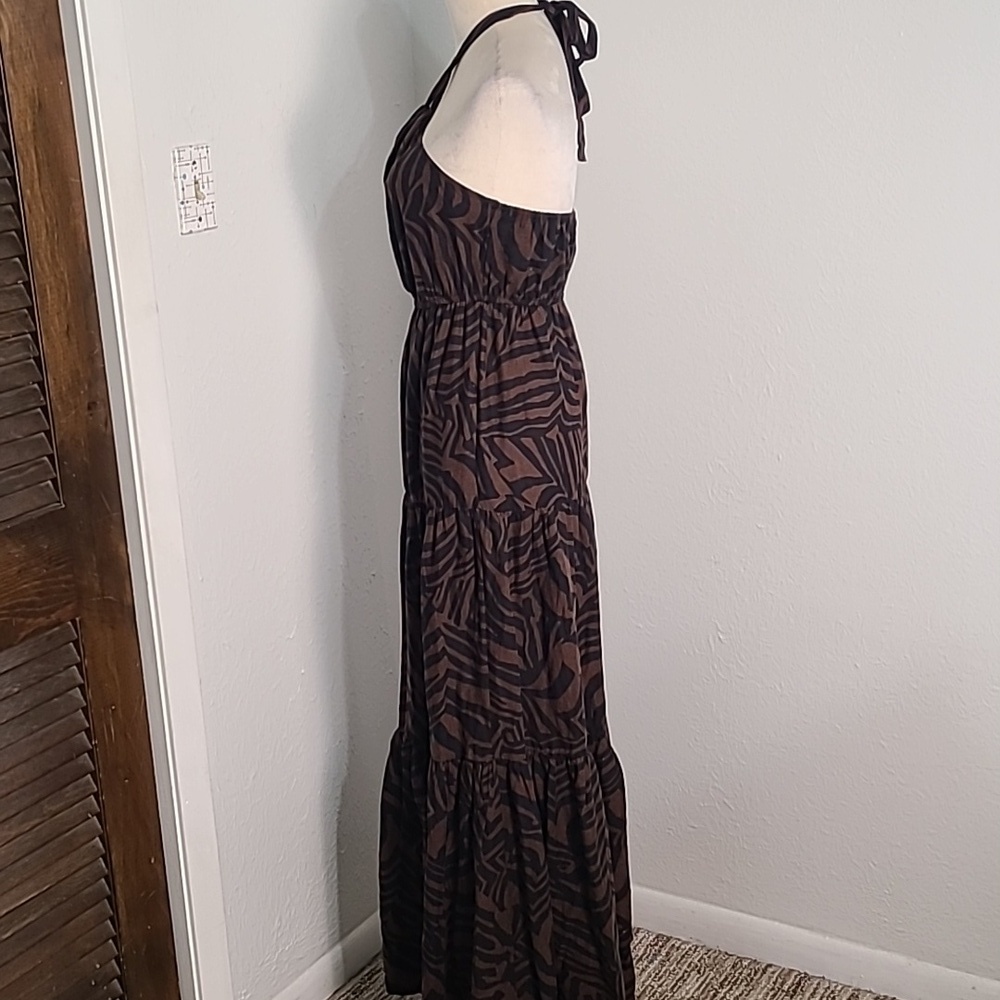 Nicole Miller Brown & Black Maxi-Dress with Halter Neck, Tiers, Ruffle, Size XS - Picture 7 of 11
